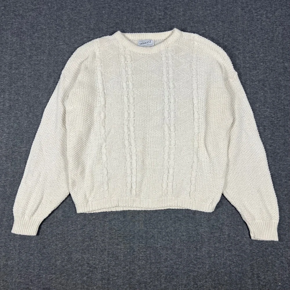 Vintage 90s Domani Chunky Cable Knit Sweater Mens XL Cream Old Money Fisherman